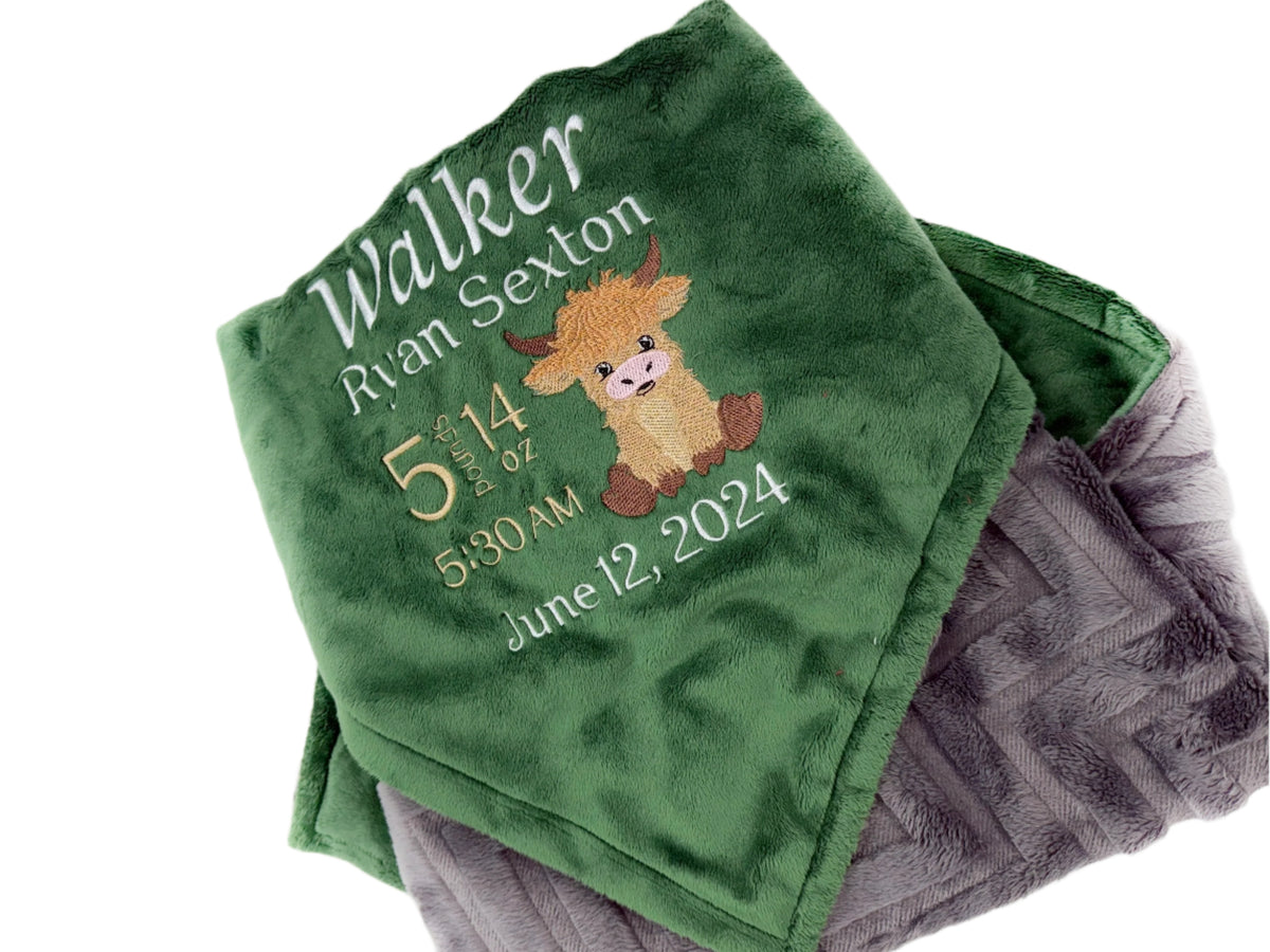 Minky Baby Blanket, Highland Cow, Green and Gray Blanket, Embroidered Birth Stats