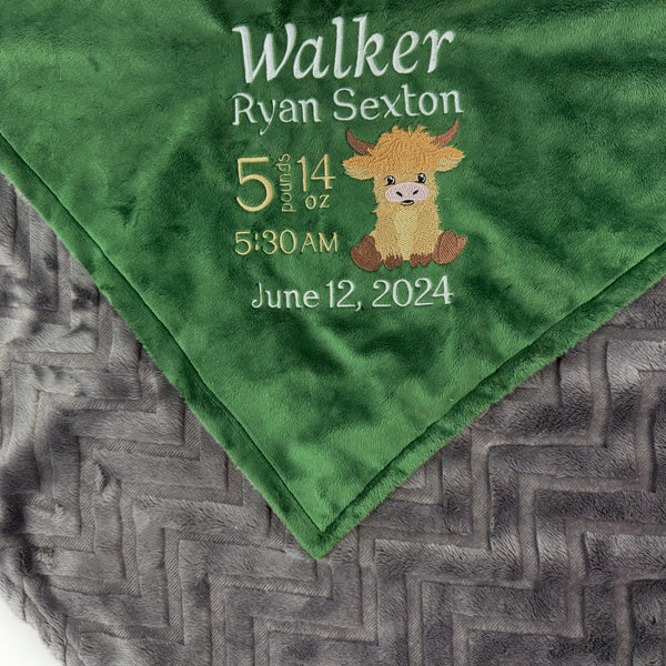 Minky Baby Blanket, Highland Cow, Green and Gray Blanket, Embroidered Birth Stats