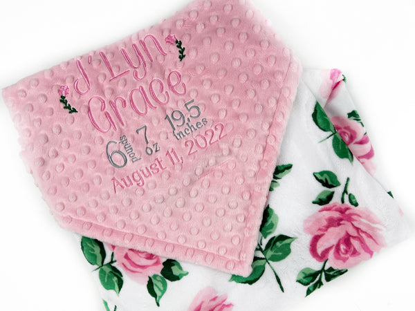 Baby Girl Blanket, Pink Roses Minky, Personalized with Name, Birth Stats Blanket, Keepsake Gift for Baby Girl, Welcome Gift for Newborn