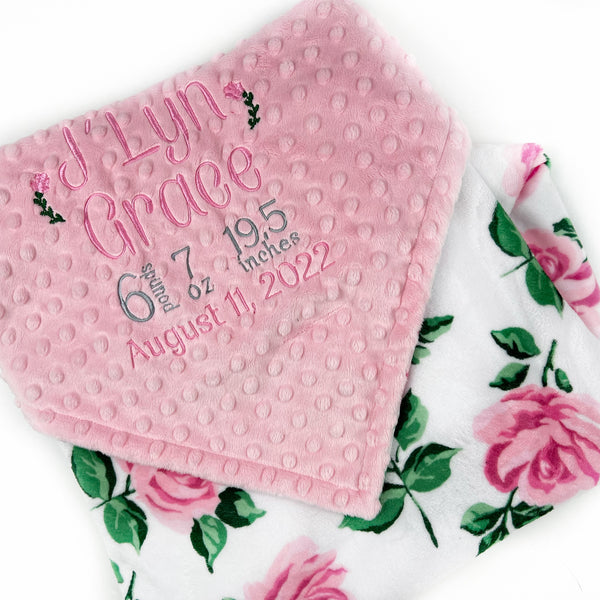 Baby Girl Blanket, Pink Roses Minky, Personalized with Name, Birth Stats Blanket, Keepsake Gift for Baby Girl, Welcome Gift for Newborn