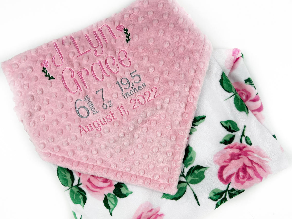 Baby Girl Blanket, Pink Roses Minky, Personalized with Name, Birth Stats Blanket, Keepsake Gift for Baby Girl, Welcome Gift for Newborn