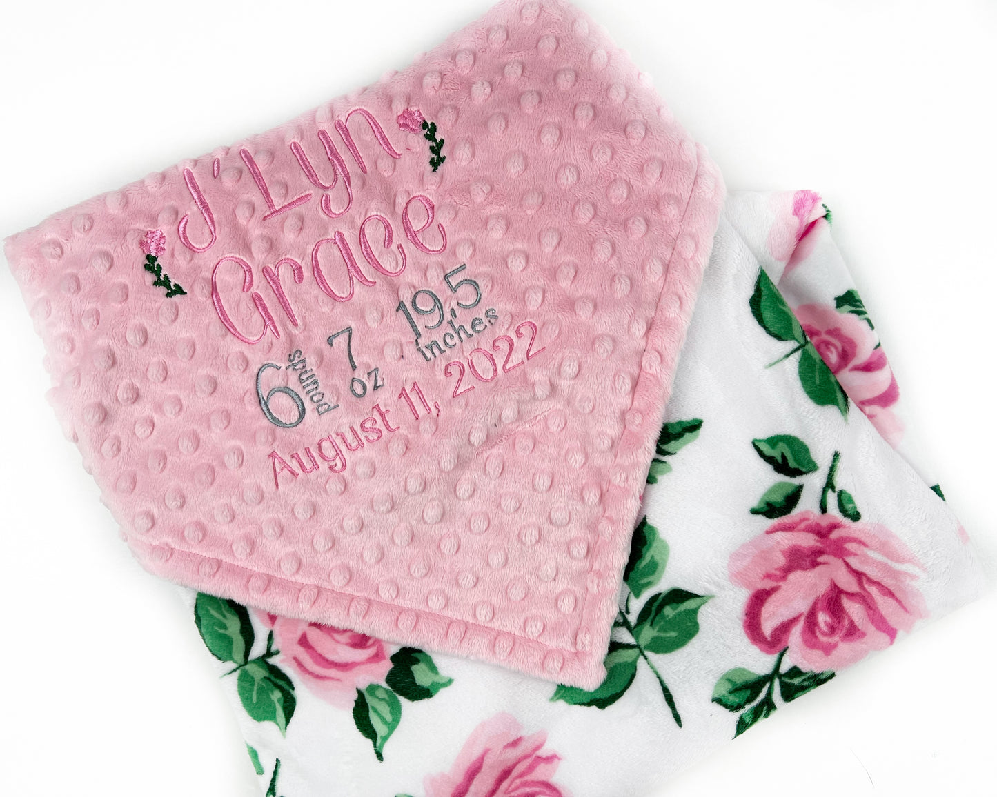 Baby Girl Blanket, Pink Roses Minky, Personalized with Name, Birth Stats Blanket, Keepsake Gift for Baby Girl, Welcome Gift for Newborn
