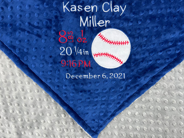 Minky Baby Blanket, Blue Baseball Blanket, Embroidered Birth Stats, Personalized Gift for Baby Boy