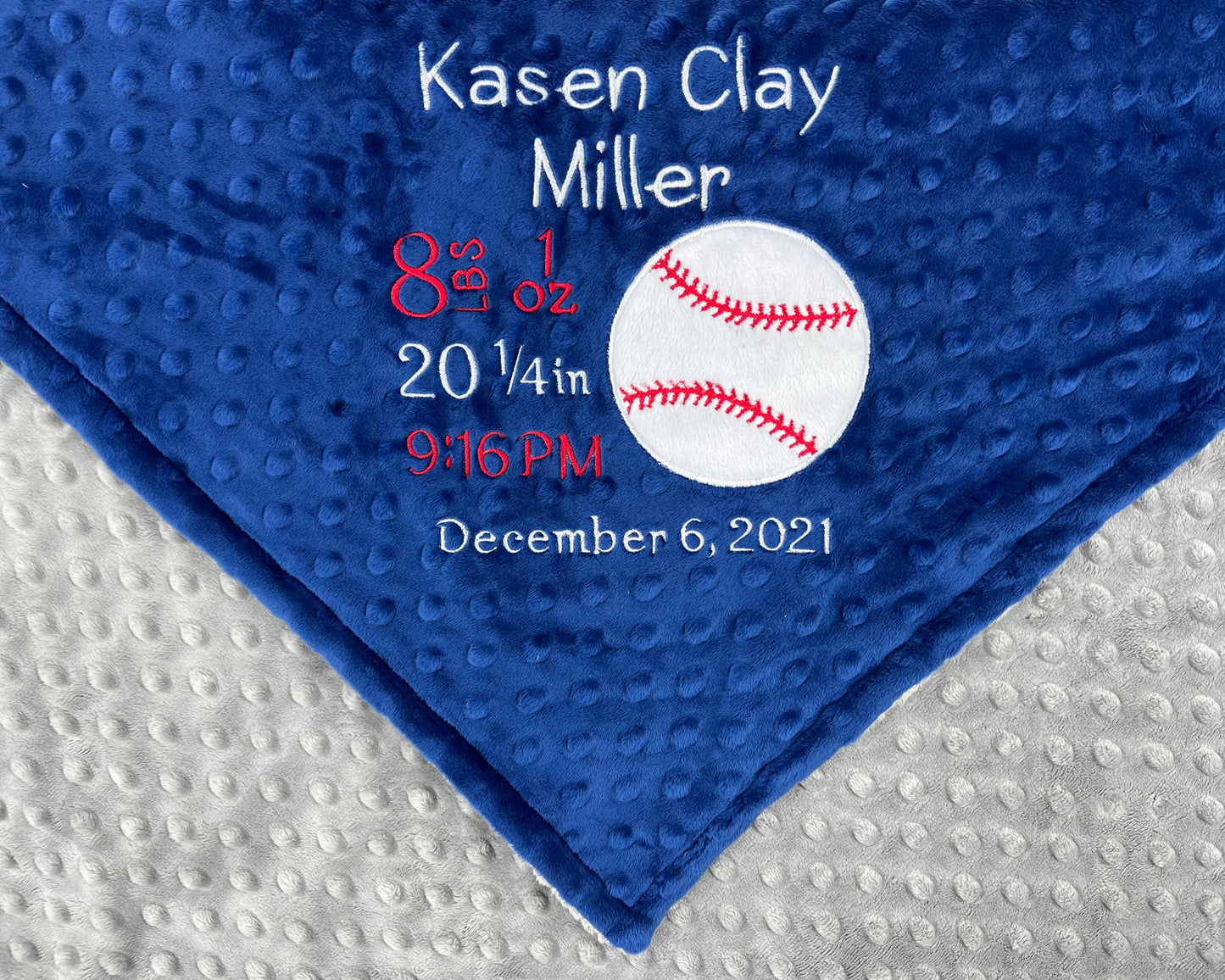 Minky Baby Blanket, Blue Baseball Blanket, Embroidered Birth Stats, Personalized Gift for Baby Boy