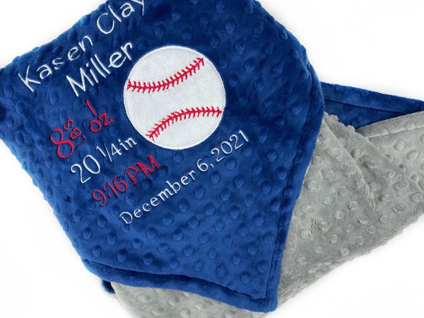 Minky Baby Blanket, Blue Baseball Blanket, Embroidered Birth Stats, Personalized Gift for Baby Boy