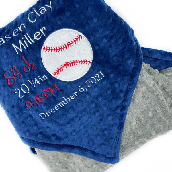 Minky Baby Blanket, Blue Baseball Blanket, Embroidered Birth Stats, Personalized Gift for Baby Boy