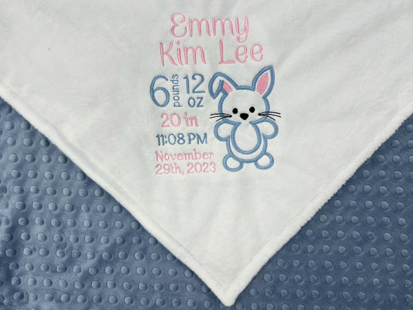 Minky Baby Blanket, Personalized Birth Stats, Plush White Minky, Bunny Rabbit Blanket, Gift to Welcome Baby, Easter Gift for Granddaughter