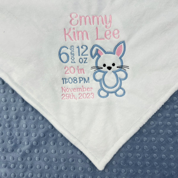 Minky Baby Blanket, Personalized Birth Stats, Plush White Minky, Bunny Rabbit Blanket, Gift to Welcome Baby, Easter Gift for Granddaughter