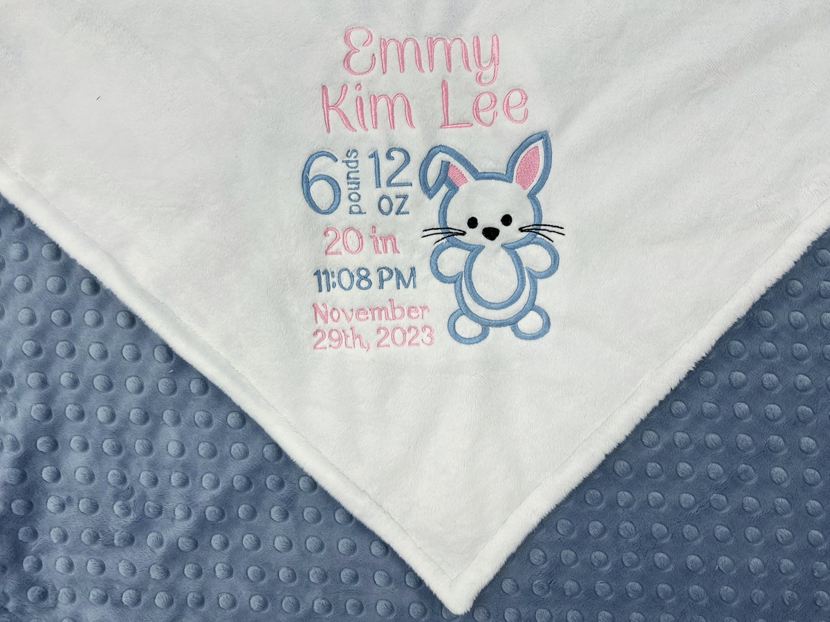 Minky Baby Blanket, Personalized Birth Stats, Plush White Minky, Bunny Rabbit Blanket, Gift to Welcome Baby, Easter Gift for Granddaughter