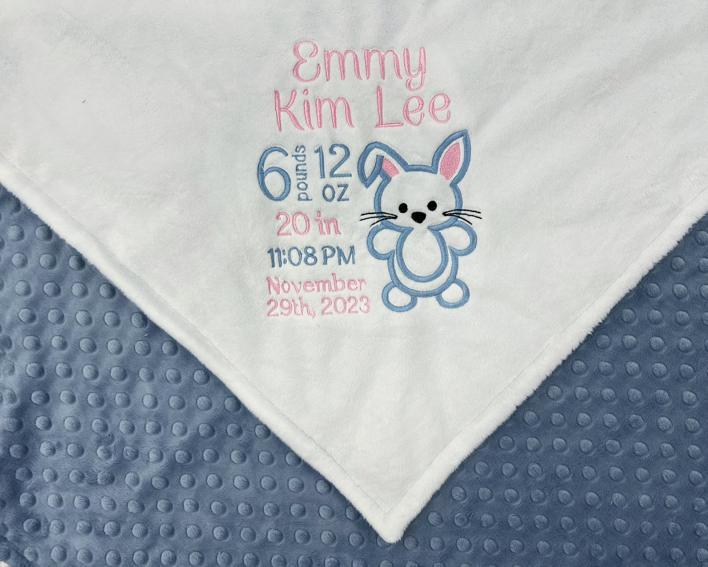 Minky Baby Blanket, Personalized Birth Stats, Plush White Minky, Bunny Rabbit Blanket, Gift to Welcome Baby, Easter Gift for Granddaughter