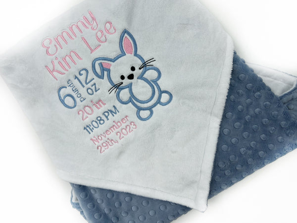 Minky Baby Blanket, Personalized Birth Stats, Plush White Minky, Bunny Rabbit Blanket, Gift to Welcome Baby, Easter Gift for Granddaughter
