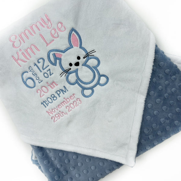 Minky Baby Blanket, Personalized Birth Stats, Plush White Minky, Bunny Rabbit Blanket, Gift to Welcome Baby, Easter Gift for Granddaughter