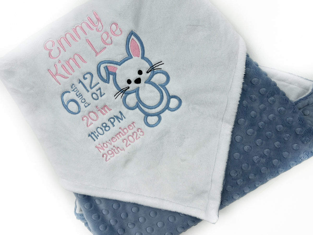 Minky Baby Blanket, Personalized Birth Stats, Plush White Minky, Bunny Rabbit Blanket, Gift to Welcome Baby, Easter Gift for Granddaughter
