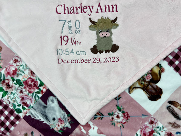 Minky Baby Blanket, Highland Cow, Pink Blanket, CowGirl Quilt Print, Embroidered Birth Stats