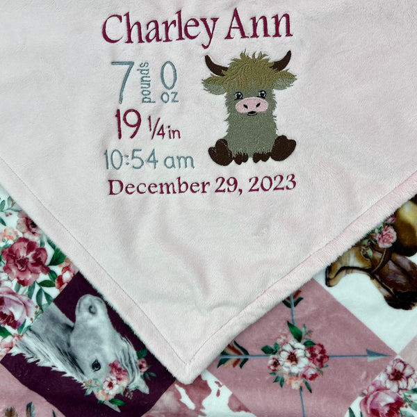 Minky Baby Blanket, Highland Cow, Pink Blanket, CowGirl Quilt Print, Embroidered Birth Stats