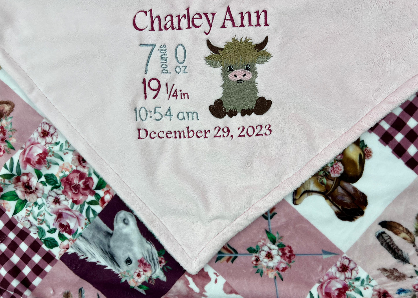 Minky Baby Blanket, Highland Cow, Pink Blanket, CowGirl Quilt Print, Embroidered Birth Stats