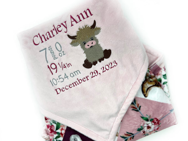 Minky Baby Blanket, Highland Cow, Pink Blanket, CowGirl Quilt Print, Embroidered Birth Stats