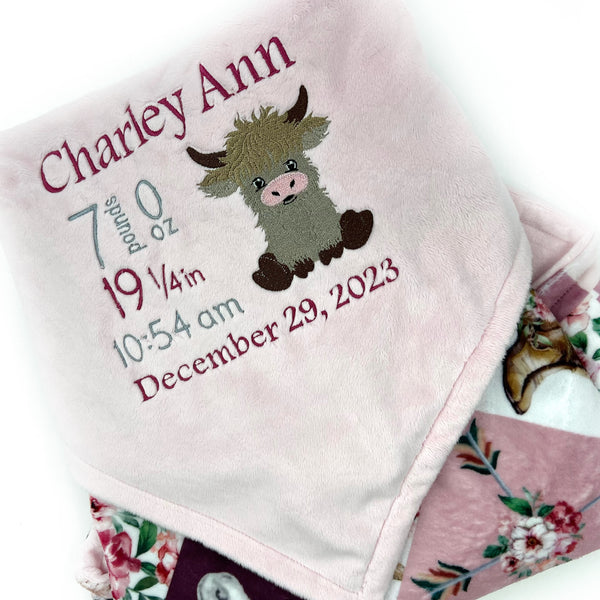 Minky Baby Blanket, Highland Cow, Pink Blanket, CowGirl Quilt Print, Embroidered Birth Stats