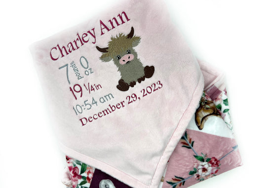 Minky Baby Blanket, Highland Cow, Pink Blanket, CowGirl Quilt Print, Embroidered Birth Stats