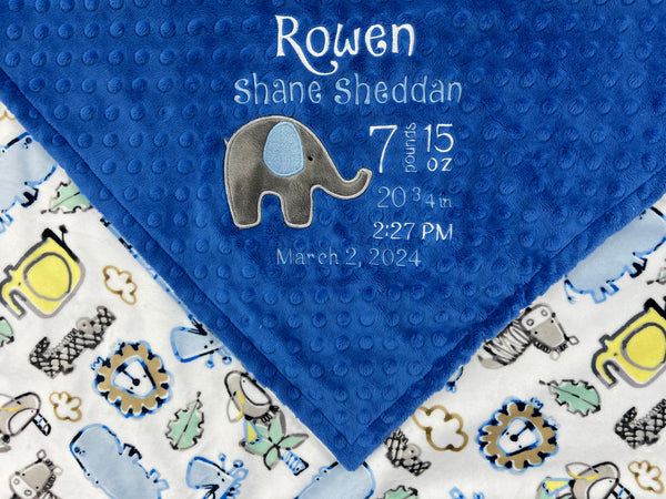 Minky Baby Blanket, Blue and White with Elephant Applique, Keepsake Gift for Newborn