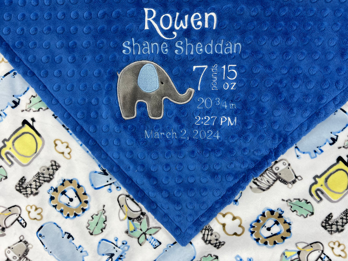 Minky Baby Blanket, Blue and White with Elephant Applique, Keepsake Gift for Newborn
