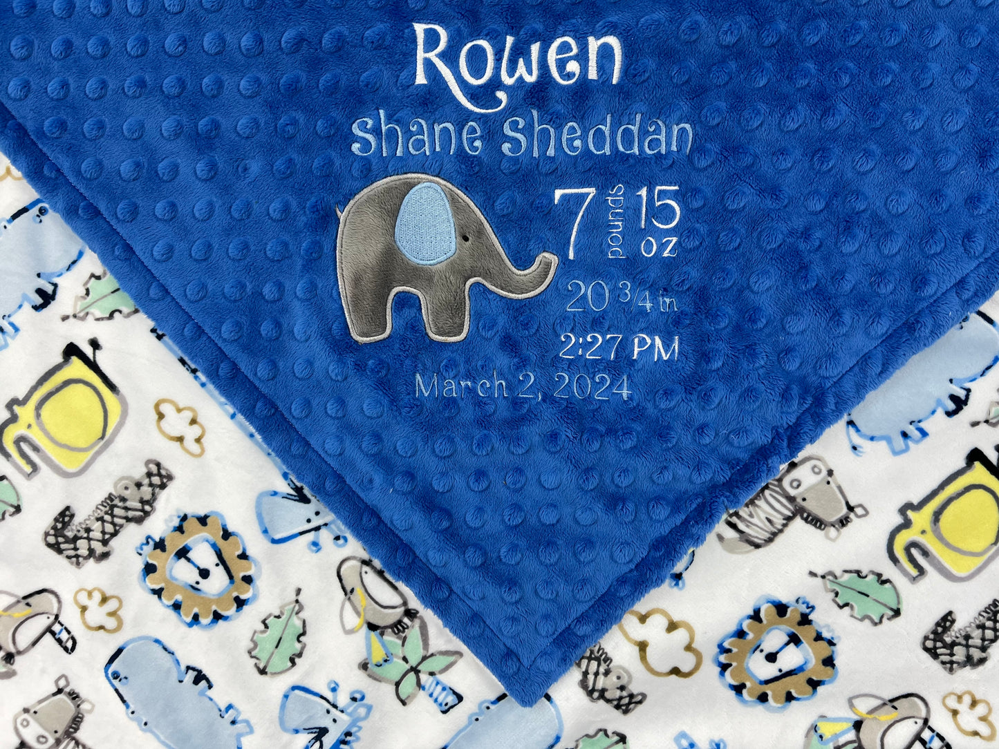 Minky Baby Blanket, Elephant Applique, Blue and White Minky, Personalized Blanket, Gift for Baby Boy, Keepsake Gift for Newborn