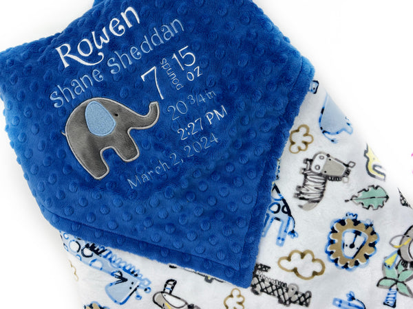 Minky Baby Blanket, Blue and White with Elephant Applique, Keepsake Gift for Newborn