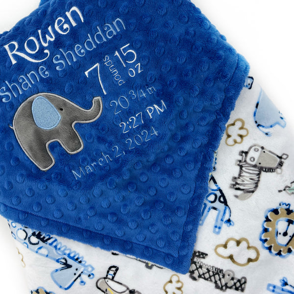 Minky Baby Blanket, Blue and White with Elephant Applique, Keepsake Gift for Newborn