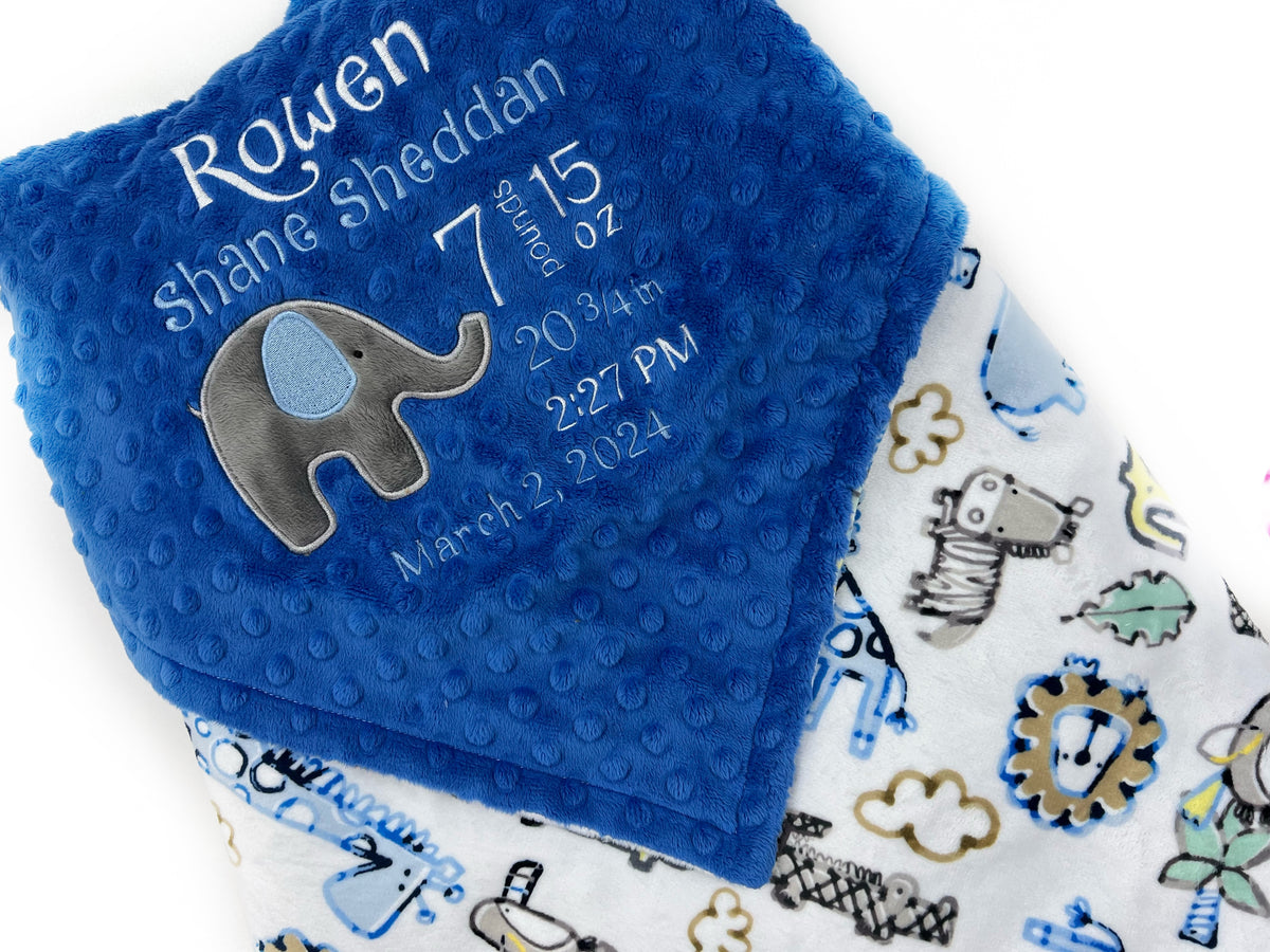 Minky Baby Blanket, Blue and White with Elephant Applique, Keepsake Gift for Newborn