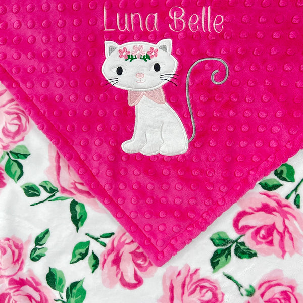 Minky Baby Blanket in Pink and White with Kitty Applique and Embroidered Name
