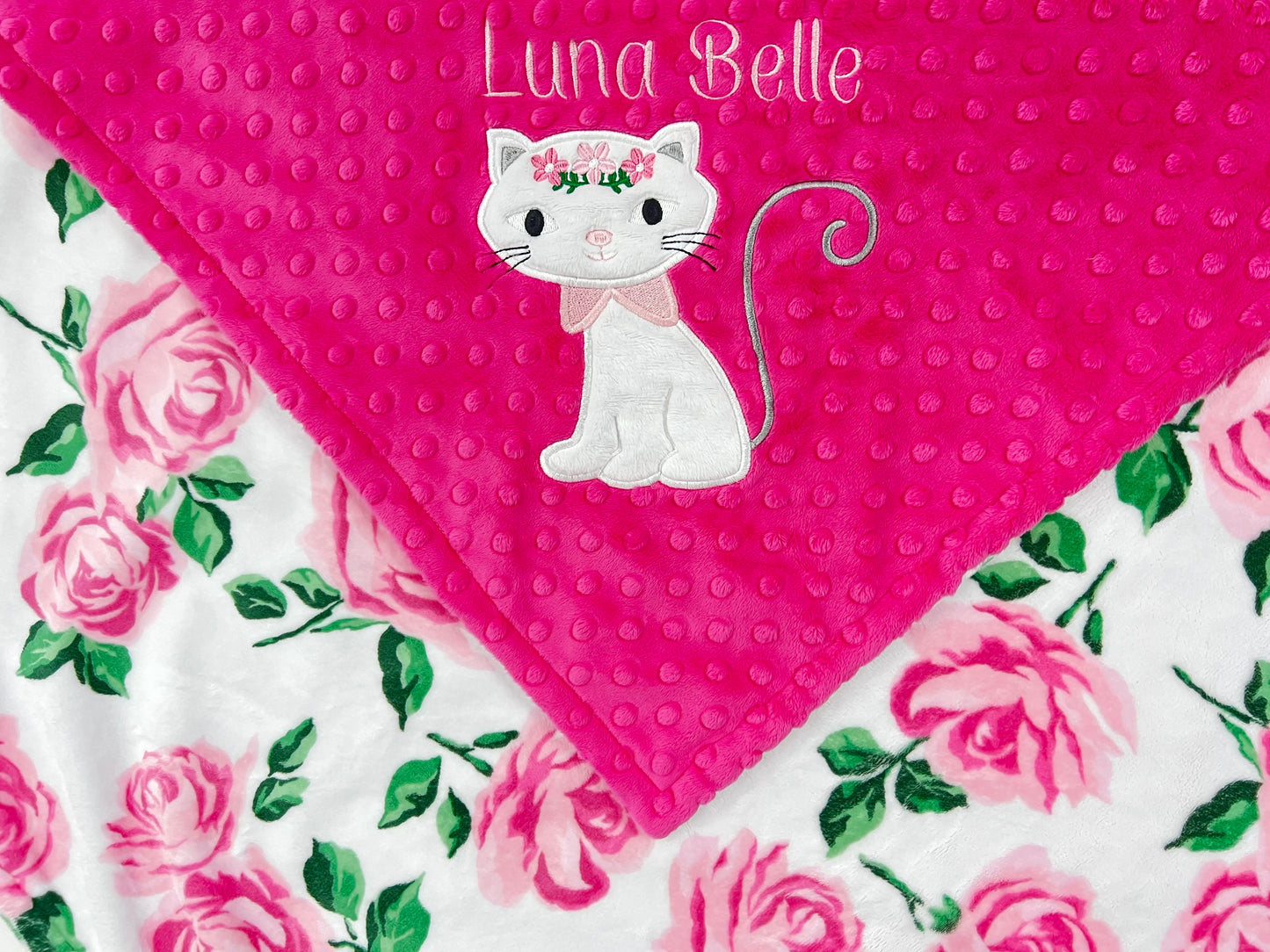 Minky Baby Blanket in Pink and White with Kitty Applique and Embroidered Name