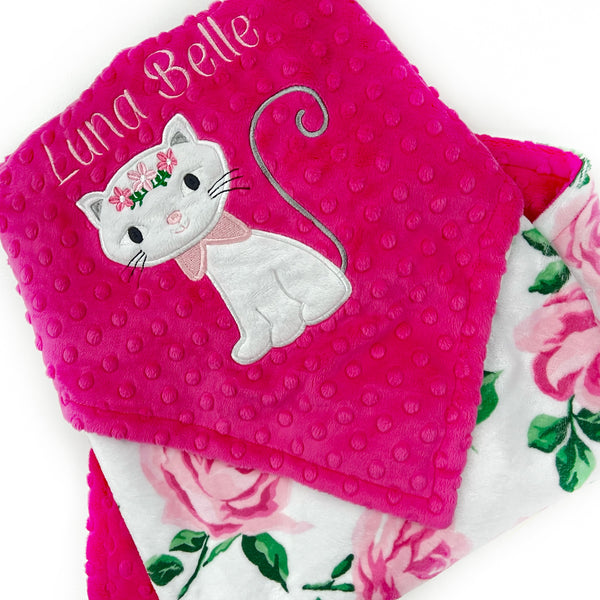 Minky Baby Blanket in Pink and White with Kitty Applique and Embroidered Name