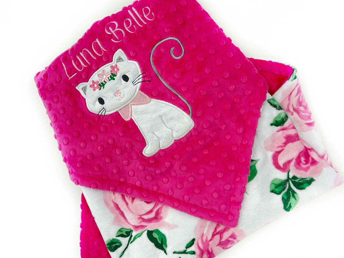 Minky Baby Blanket in Pink and White with Kitty Applique and Embroidered Name
