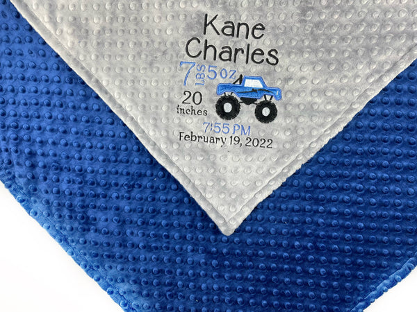 Monster Truck Minky Blanket, Blue and Gray and Personalized