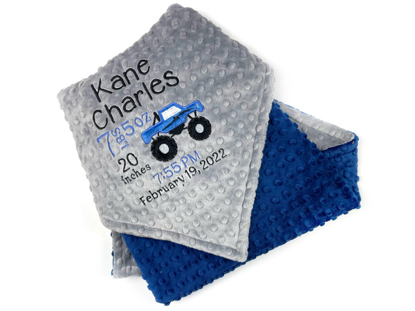 Monster Truck Minky Blanket, Blue and Gray and Personalized