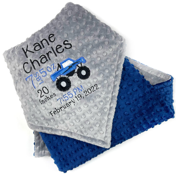 Monster Truck Minky Blanket, Blue and Gray and Personalized