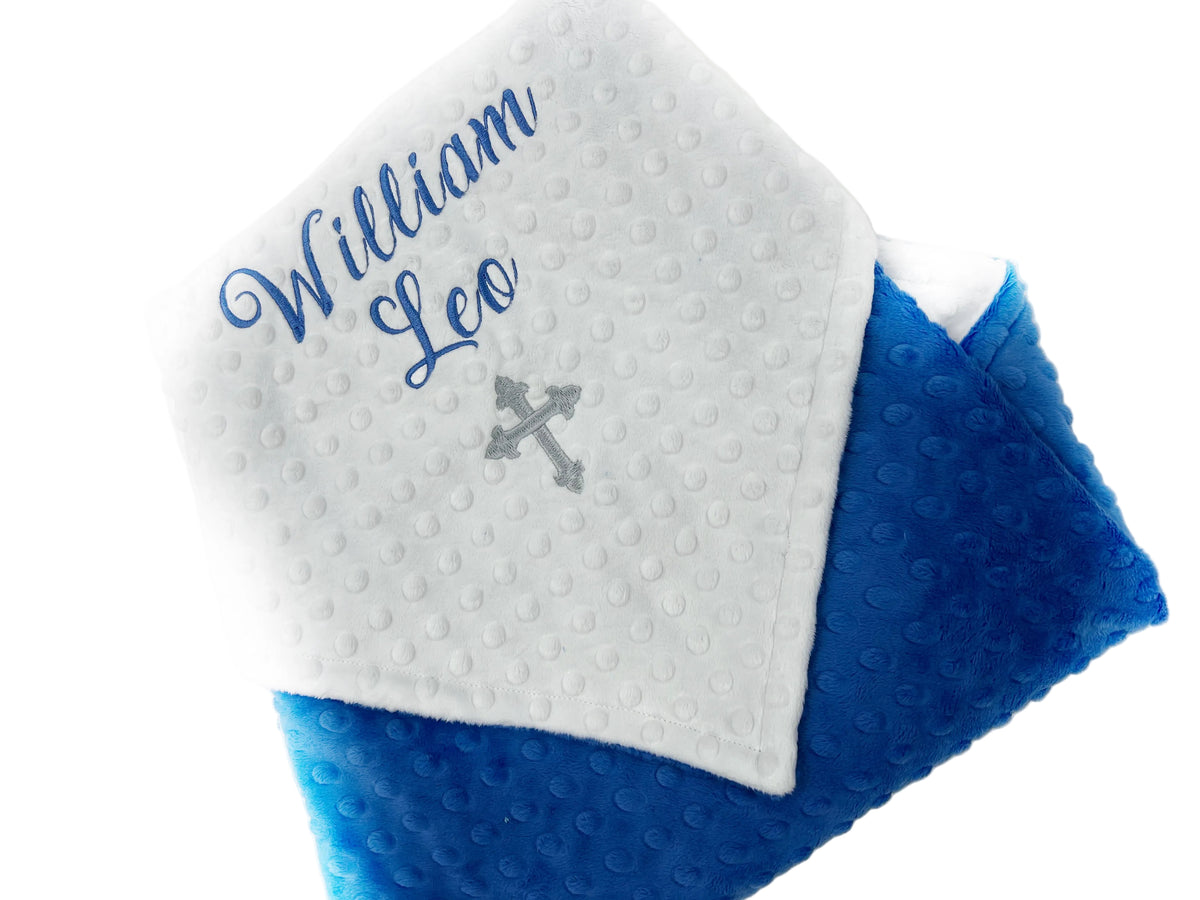 Personalized Cross Baby Blanket – Custom Embroidered Minky Baptism Gift, Religious Gift for Boy