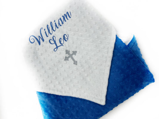 Personalized Cross Baby Blanket – Custom Embroidered Minky Baptism Gift, Religious Gift for Boy