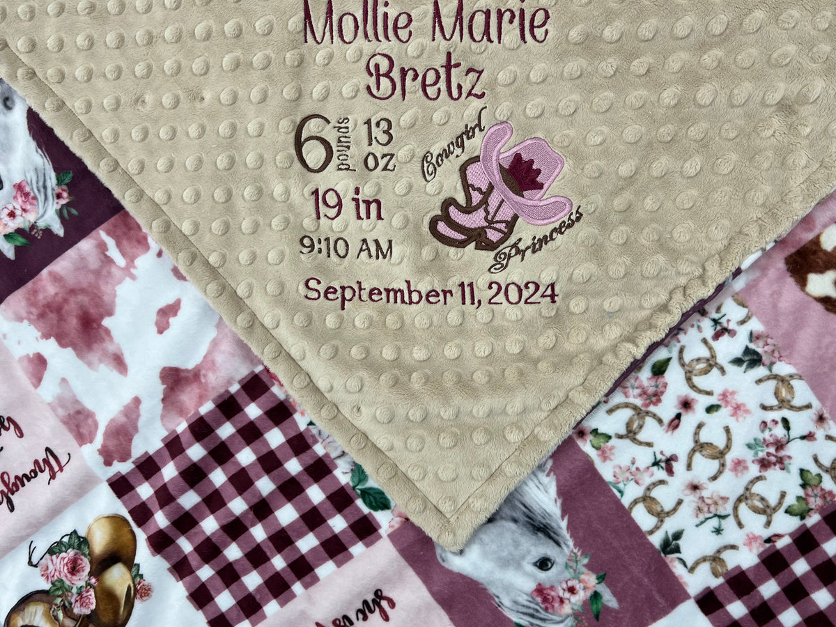 Minky Baby Blanket, Western Cow Girl Design, Birth Stats Blanket