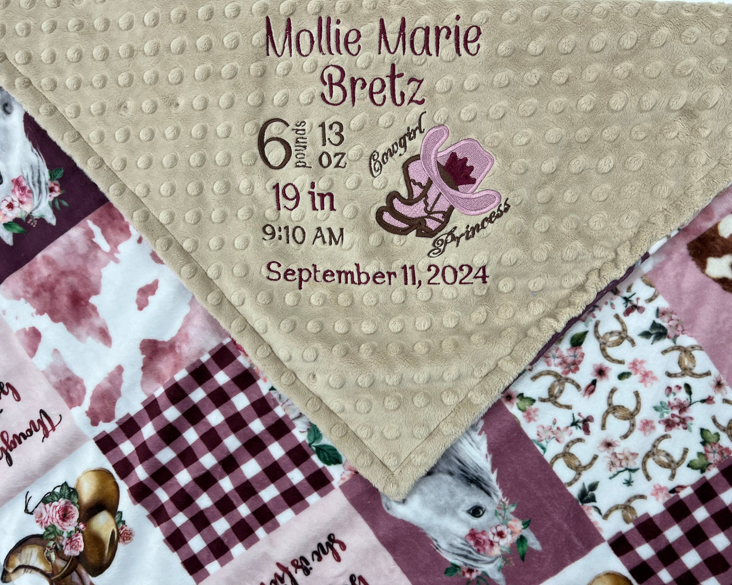 Minky Baby Blanket, Western Cow Girl Design, Birth Stats Blanket, Keepsake Gift, Embroidered Birth Stats, Gift for Newborn Baby Girl