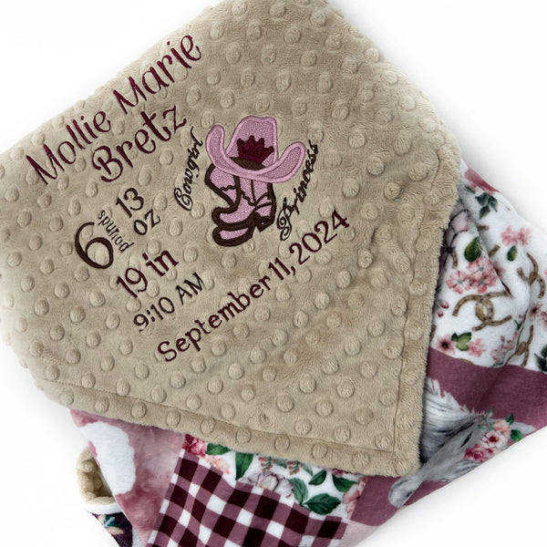 Minky Baby Blanket, Western Cow Girl Design, Birth Stats Blanket