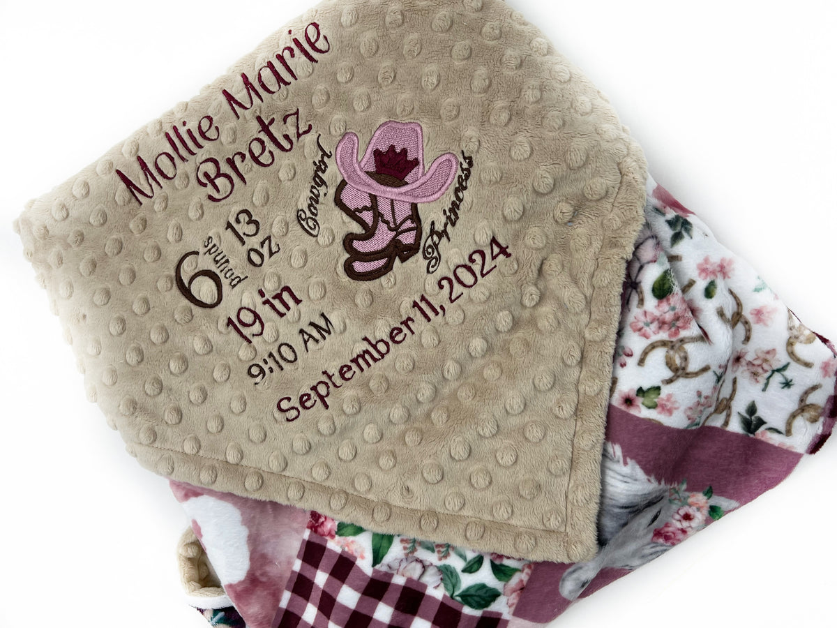 Minky Baby Blanket, Western Cow Girl Design, Birth Stats Blanket