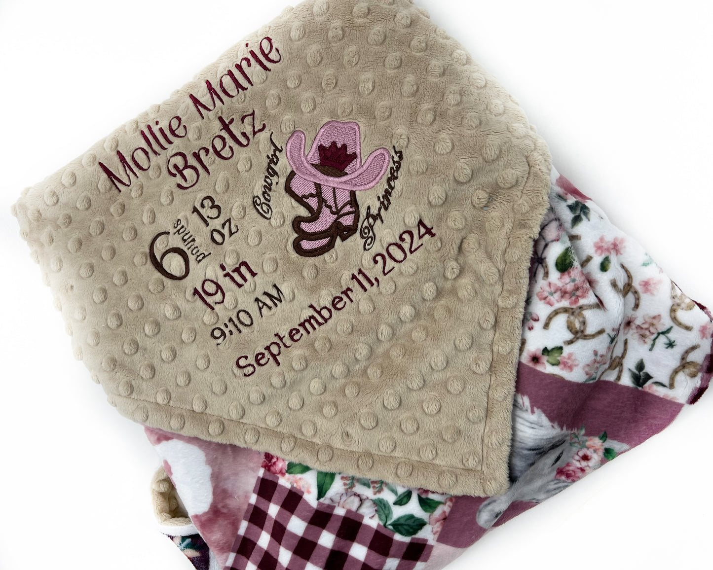 Minky Baby Blanket, Western Cow Girl Design, Birth Stats Blanket, Keepsake Gift, Embroidered Birth Stats, Gift for Newborn Baby Girl