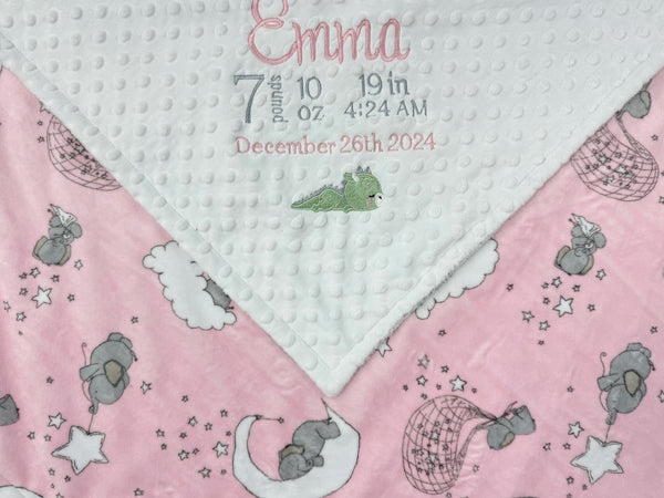 Pink and White Minky Baby Blanket, Personalized with Embroidered Birth Stats with Dragon