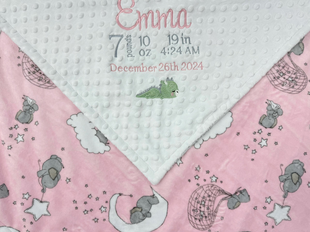 Pink and White Minky Baby Blanket, Personalized with Embroidered Birth Stats with Dragon