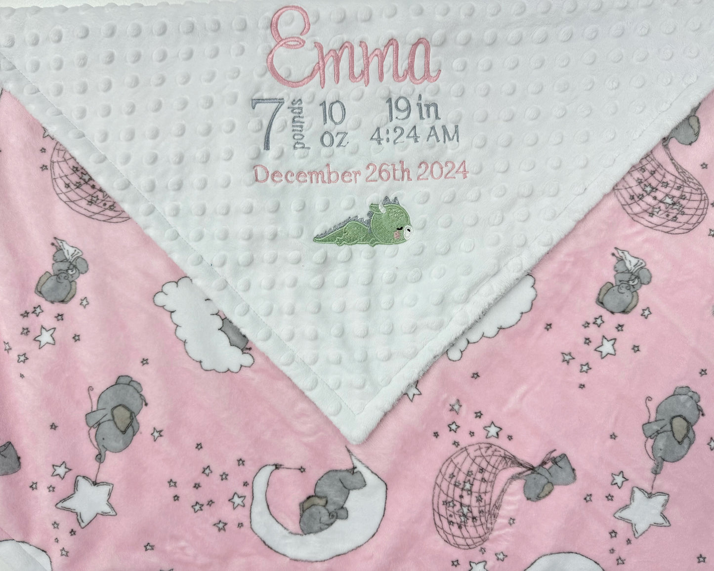 Baby Blanket, Pink and White Minky, Elephant Print, Birth Stats with Dragon, Personalized Gift for Baby Girl, Keepsake Baby Gift