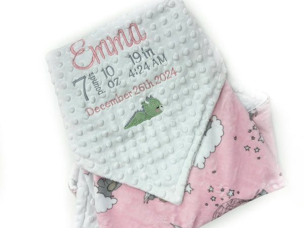 Pink and White Minky Baby Blanket, Personalized with Embroidered Birth Stats with Dragon