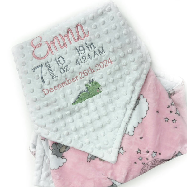 Pink and White Minky Baby Blanket, Personalized with Embroidered Birth Stats with Dragon