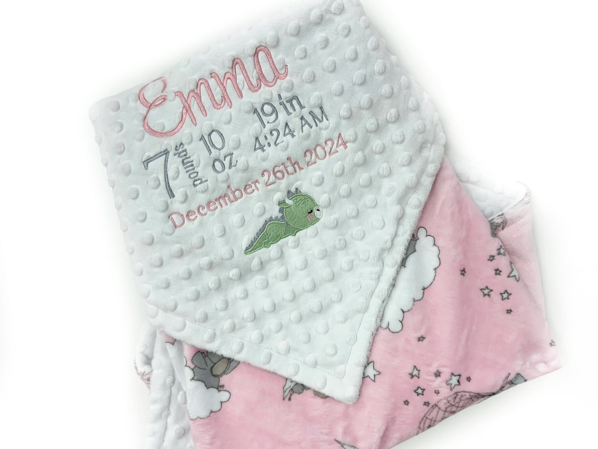 Pink and White Minky Baby Blanket, Personalized with Embroidered Birth Stats with Dragon