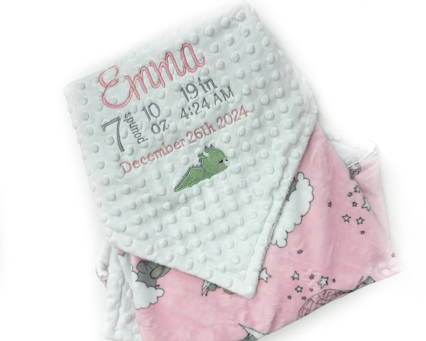 Baby Blanket, Pink and White Minky, Elephant Print, Birth Stats with Dragon, Personalized Gift for Baby Girl, Keepsake Baby Gift